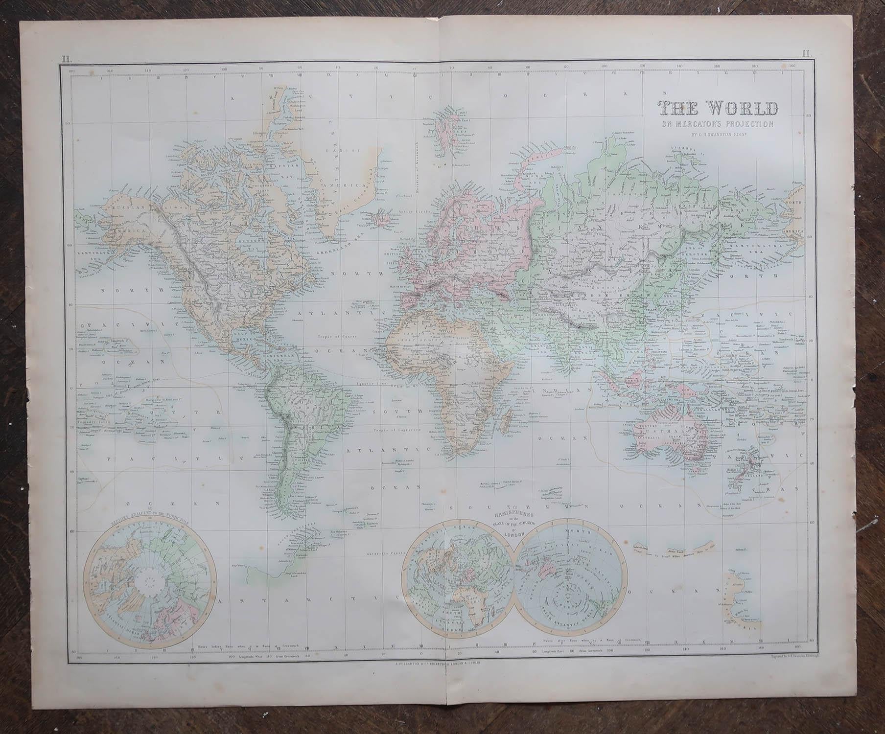 Scottish Large Original Antique Map of the World, Fullarton, circa 1870 For Sale