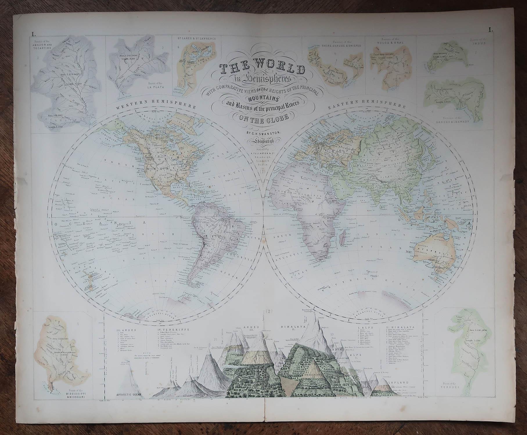 Écossais Grande carte ancienne originale du monde, Fullarton, vers 1870 en vente