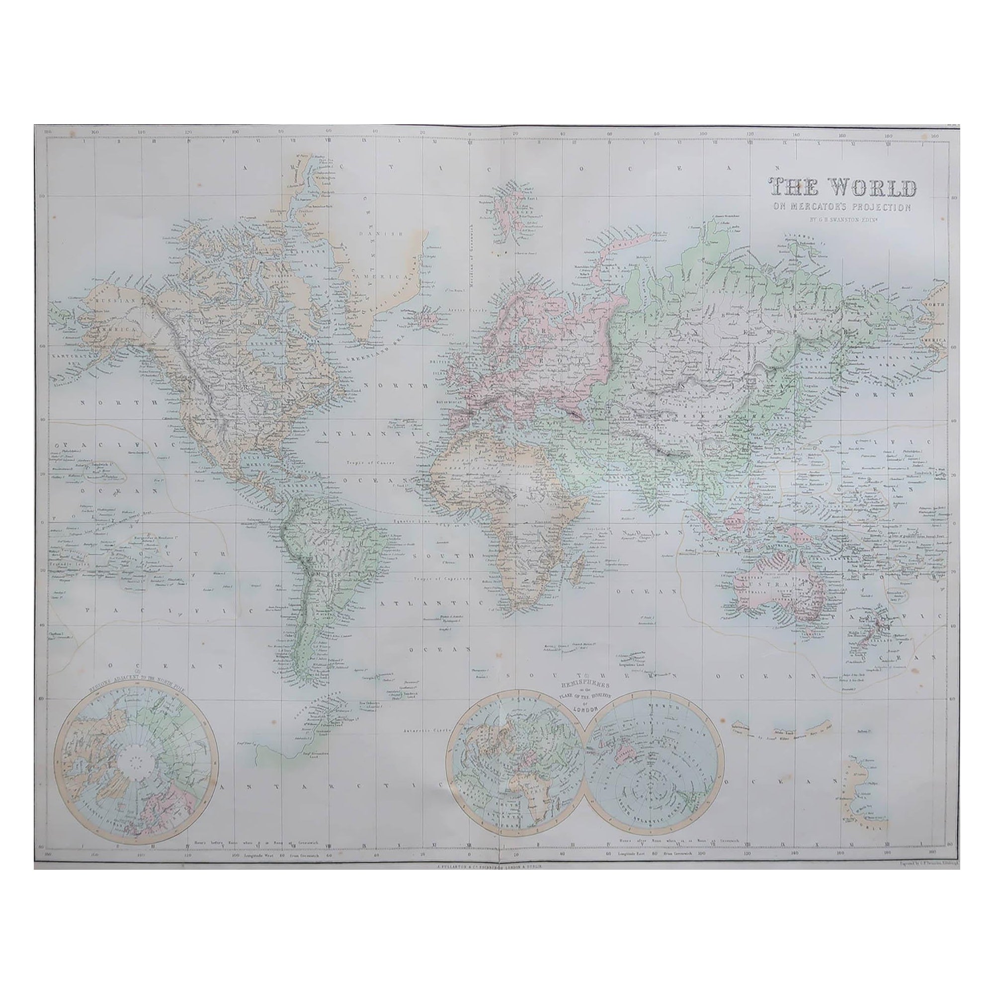 Grande mappa antica originale del mondo, Fullarton, 1870 circa