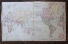 Large Original Antique Map of The World On Mercator's Projection. 1894