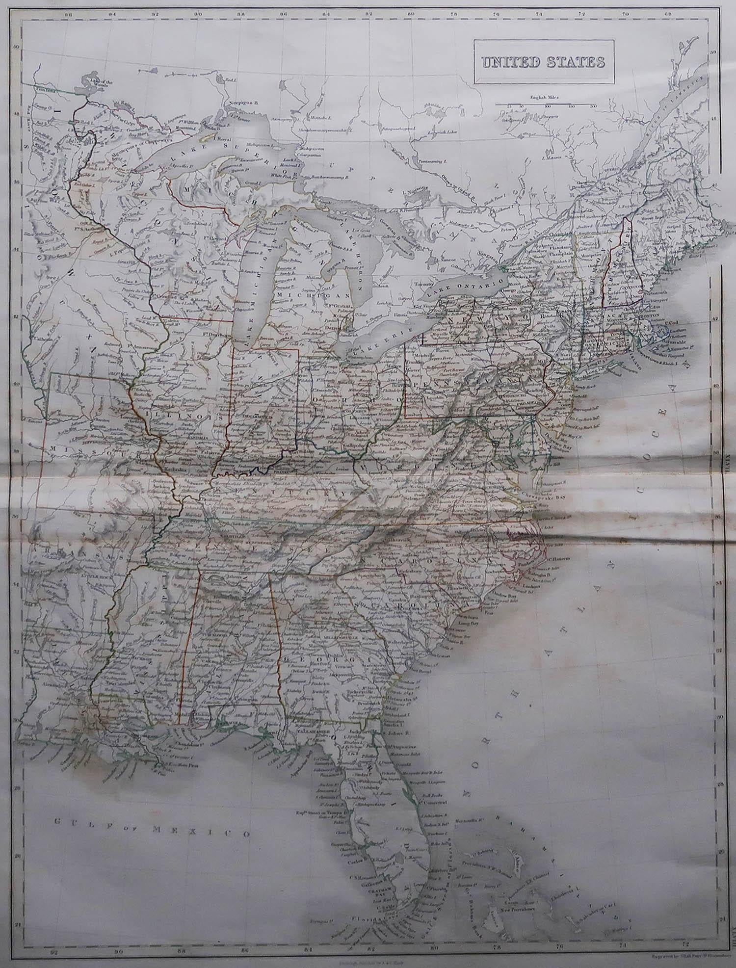 Great map of United States

Drawn and engraved by Sidney Hall

Steel engraving 

Original colour outline

Published by A & C Black. 1847

Some foxing and creasing in the central fold area

Unframed

Free shipping.


