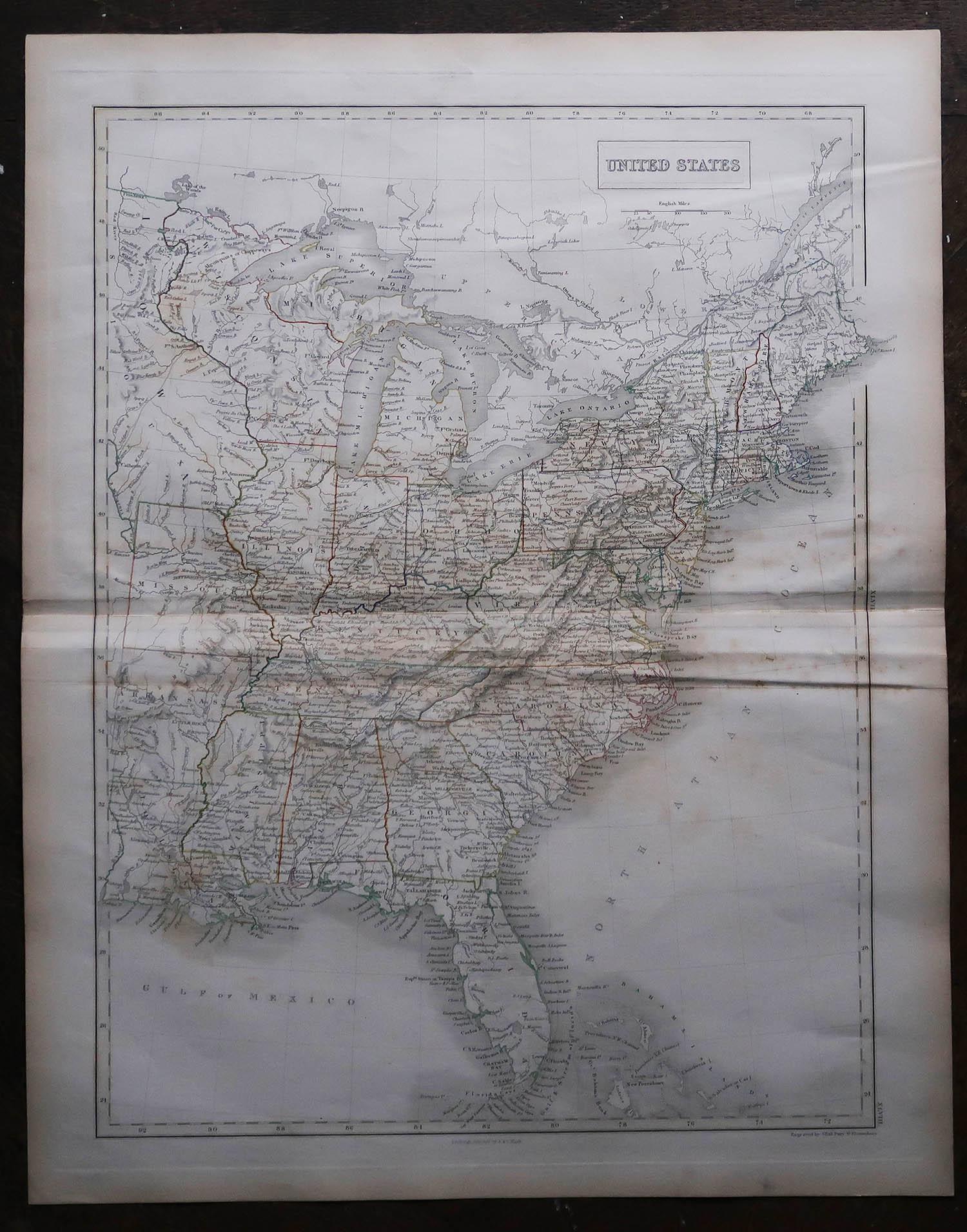 Scottish Large Original Antique Map of United States by Sidney Hall, 1847 For Sale