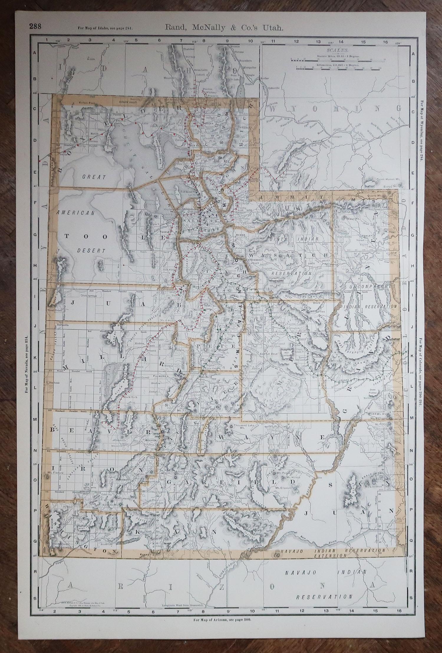 Américain Grande carte ancienne originale de l'Utah, États-Unis, 1894 en vente
