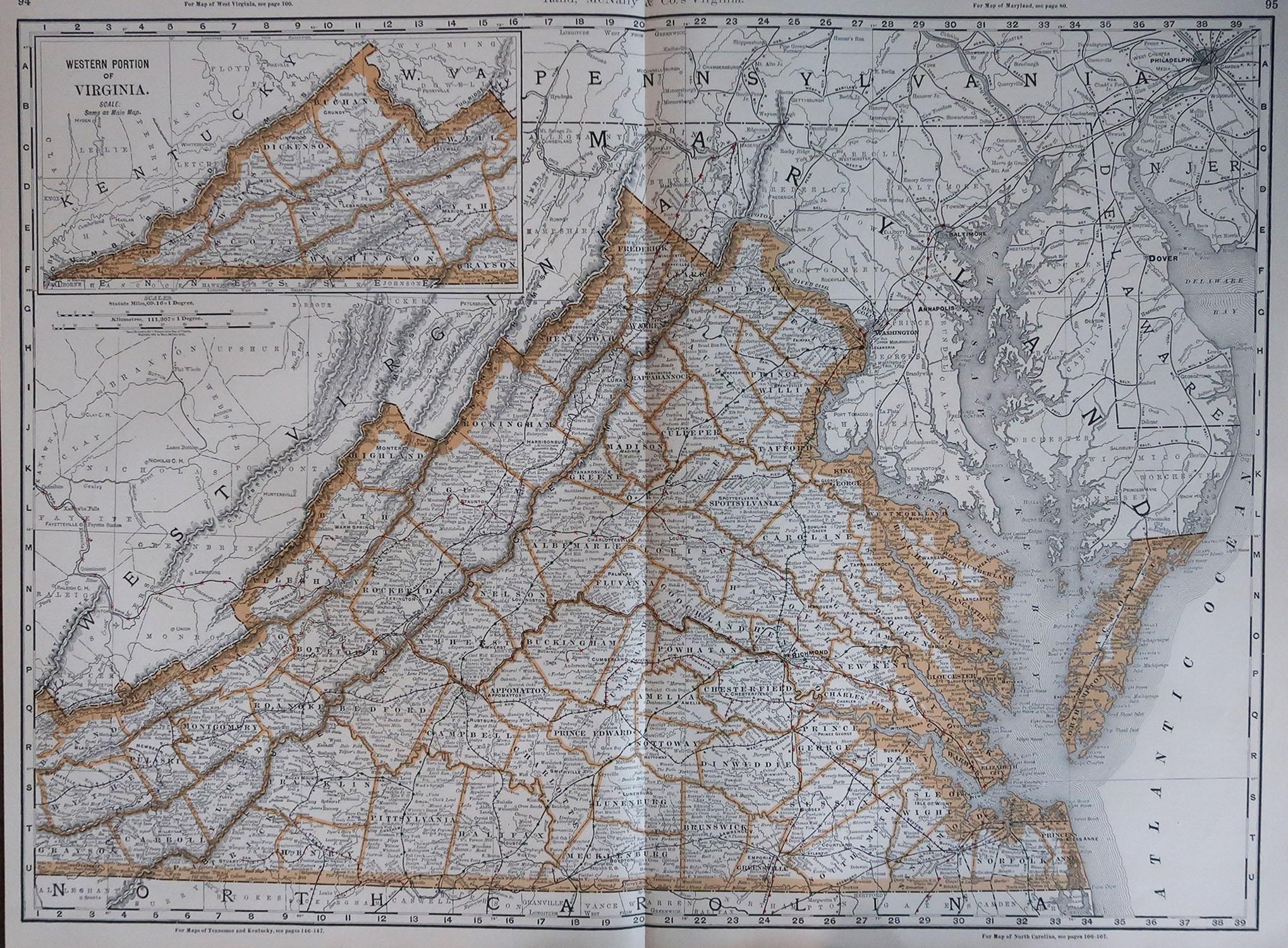 Fabulous map of Virginia

Original color

By Rand, McNally & Co.

Published, 1894

Unframed

Free shipping.