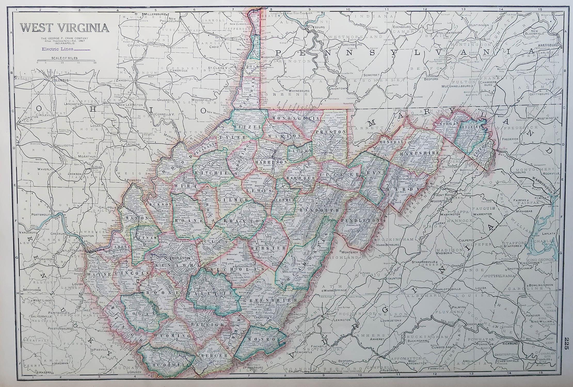 Fabulous map of West Virginia

Original color

Engraved and printed by the George F. Cram Company, Indianapolis.

Published, C.1900

Unframed

Free shipping.