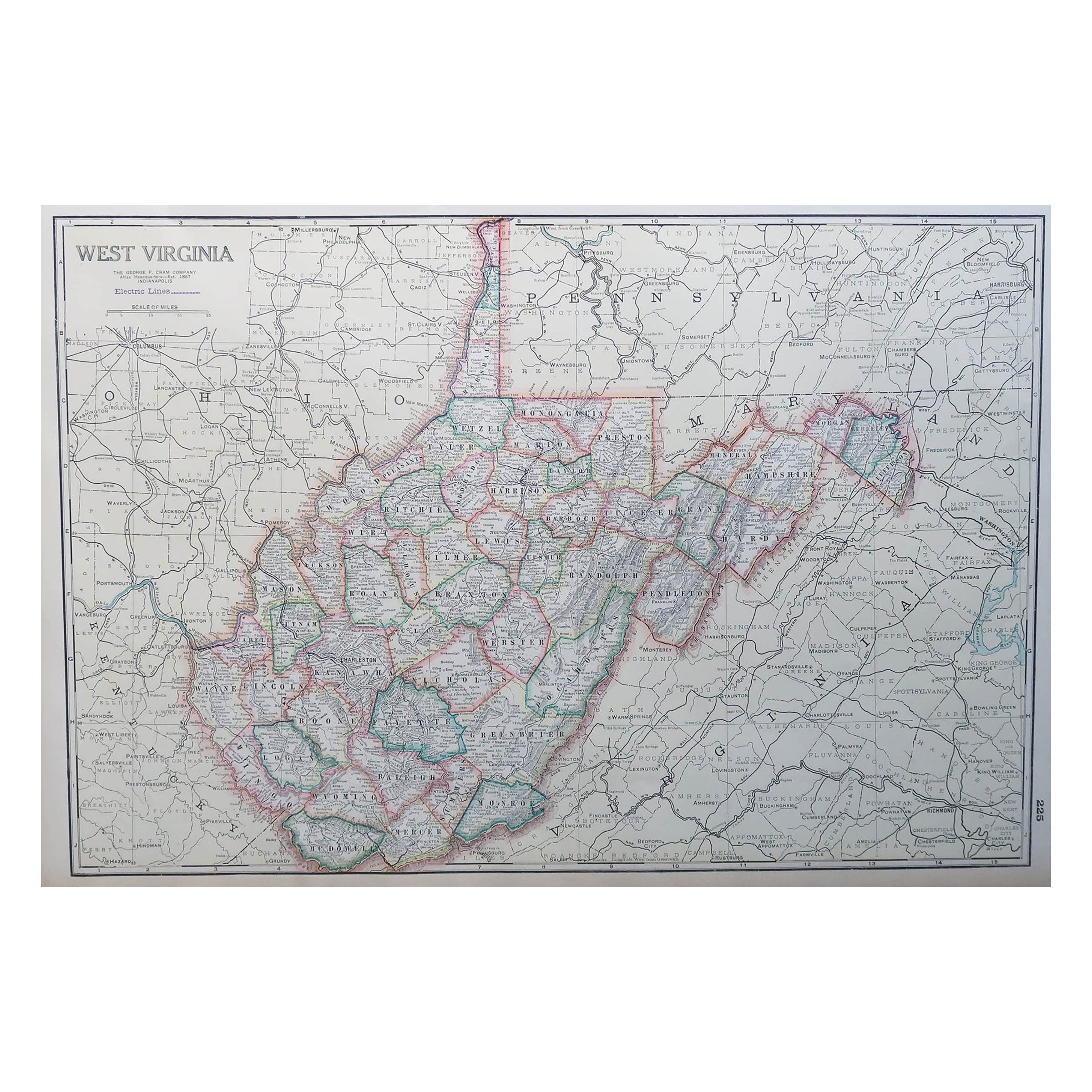 Grande carte ancienne de la Virginie occidentale, États-Unis, vers 1900