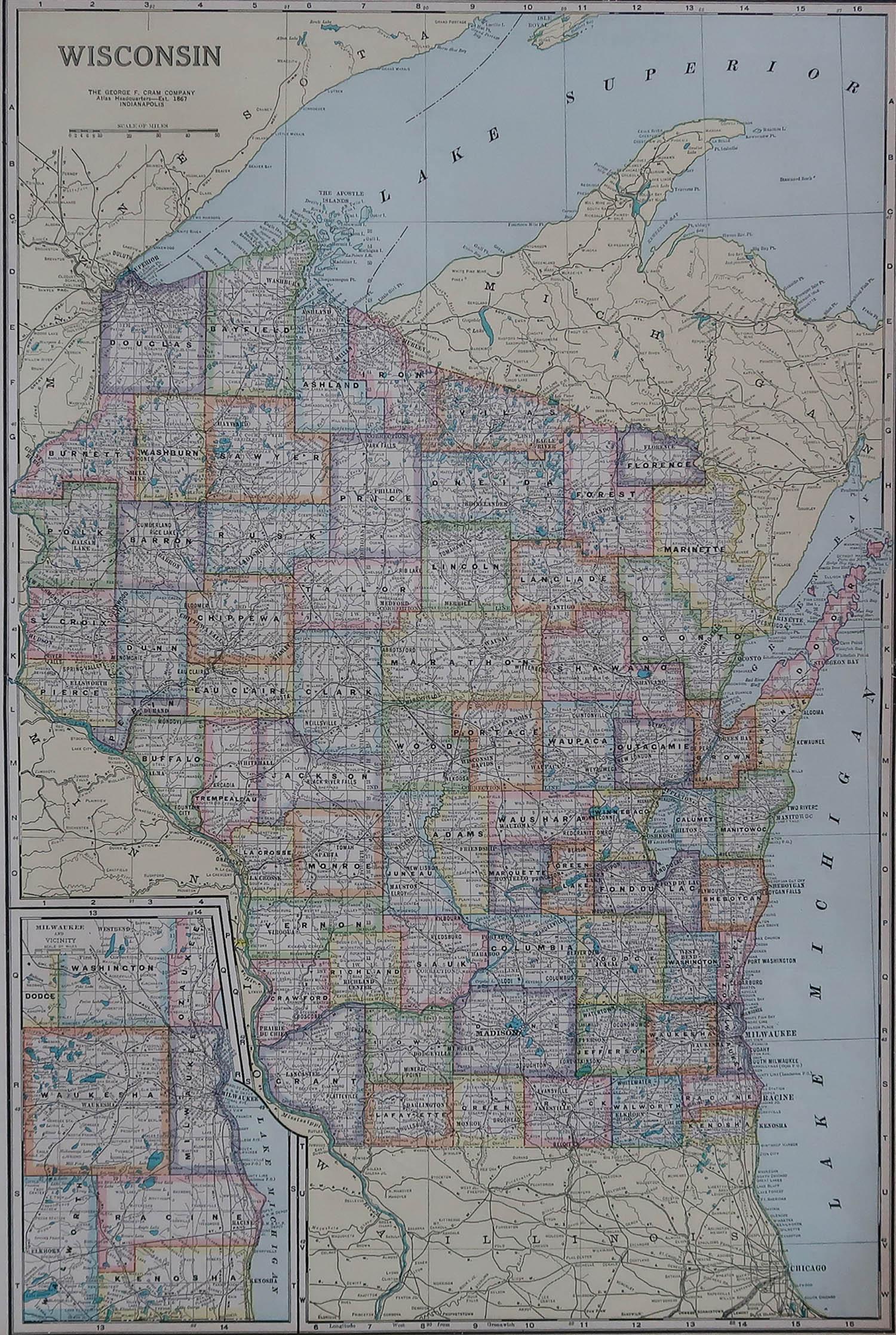 Fabulous map of Wisconsin

Original color

Engraved and printed by the George F. Cram Company, Indianapolis.

Published, circa 1900

Unframed



 