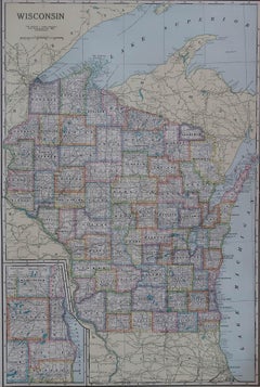 Large Original Antique Map of Wisconsin, USA, circa 1900