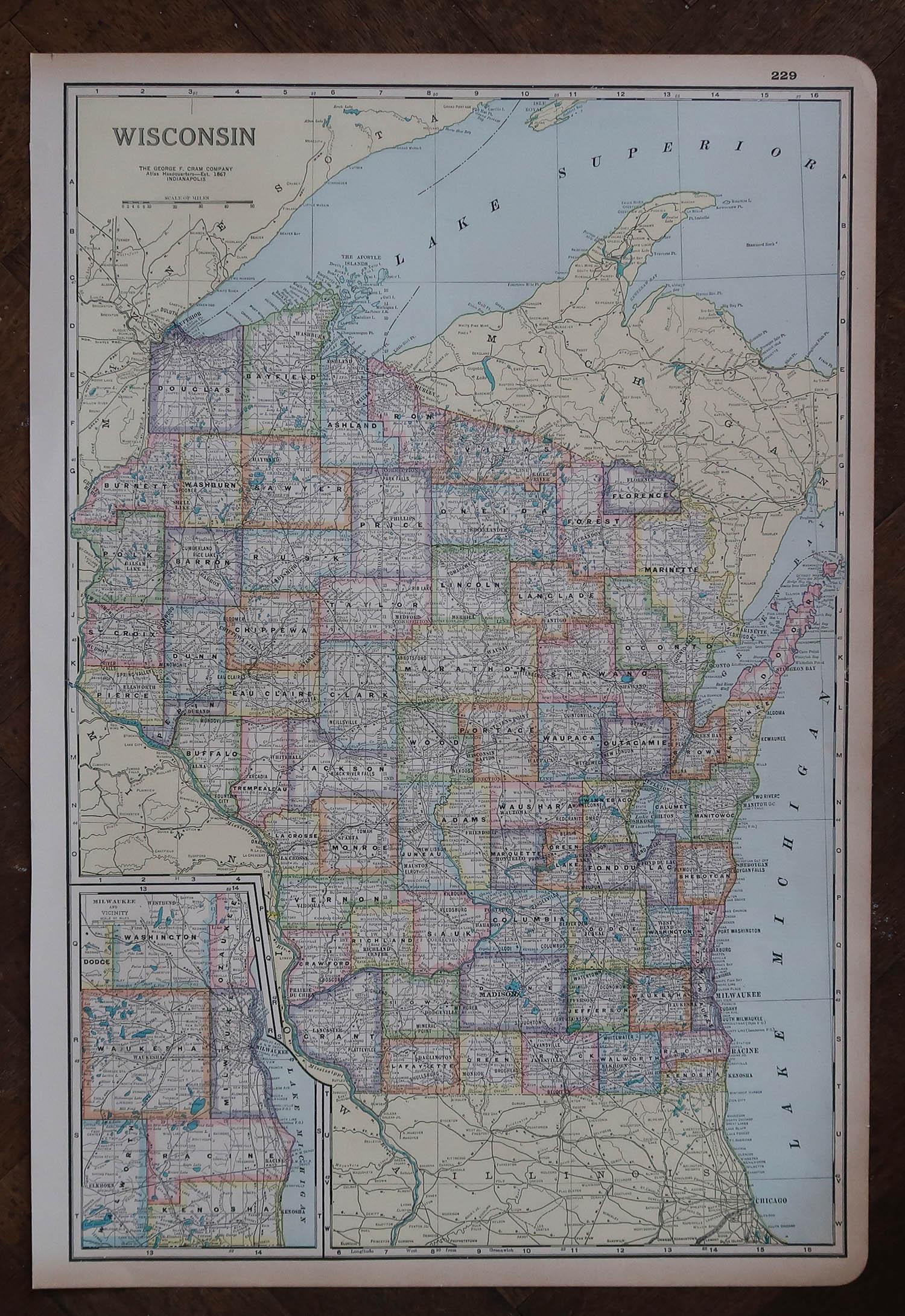 American Large Original Antique Map of Wisconsin, USA, circa 1900 For Sale
