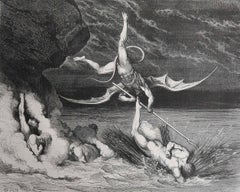 Grande estampe ancienne originale de Gustave Doré, " Une fuite et une poursuite en enfer "