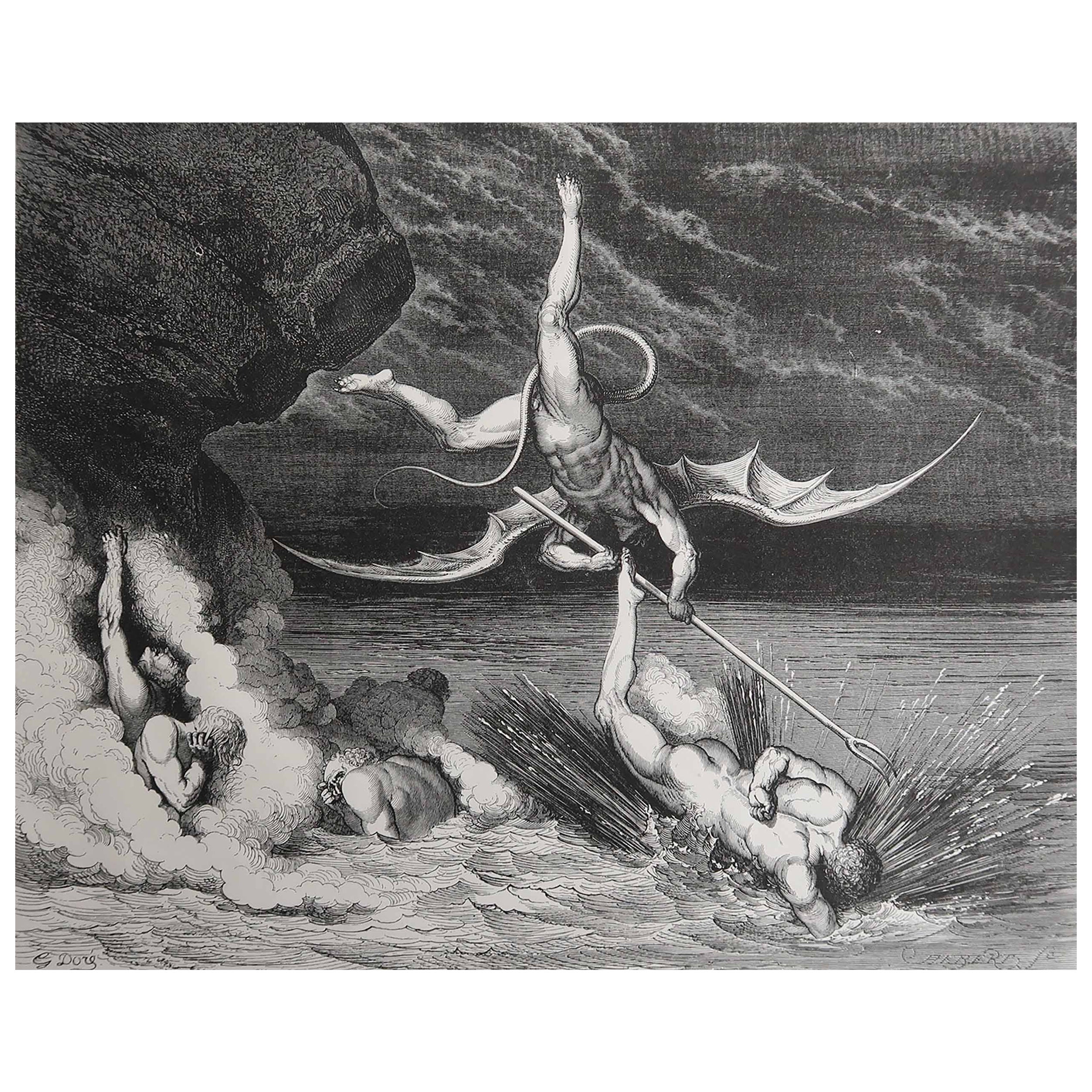Grande estampe ancienne originale de Gustave Doré, " Une fuite et une poursuite en enfer "