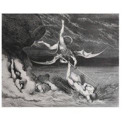 Large Original Antique Print By Gustave Doré, " A Flight And Pursuit In Hell "