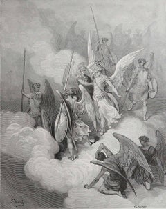 Grande stampa originale antica di Gustave Doré, "Abdiel e Satana".