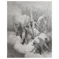Large Original Antique Print By Gustave Doré, " Abdiel And Satan "