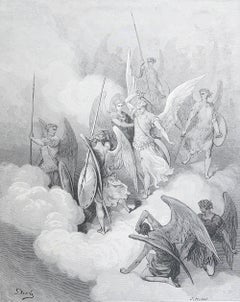 Large Original Antique Print By Gustave Doré, " Abdiel Attacks Satan "