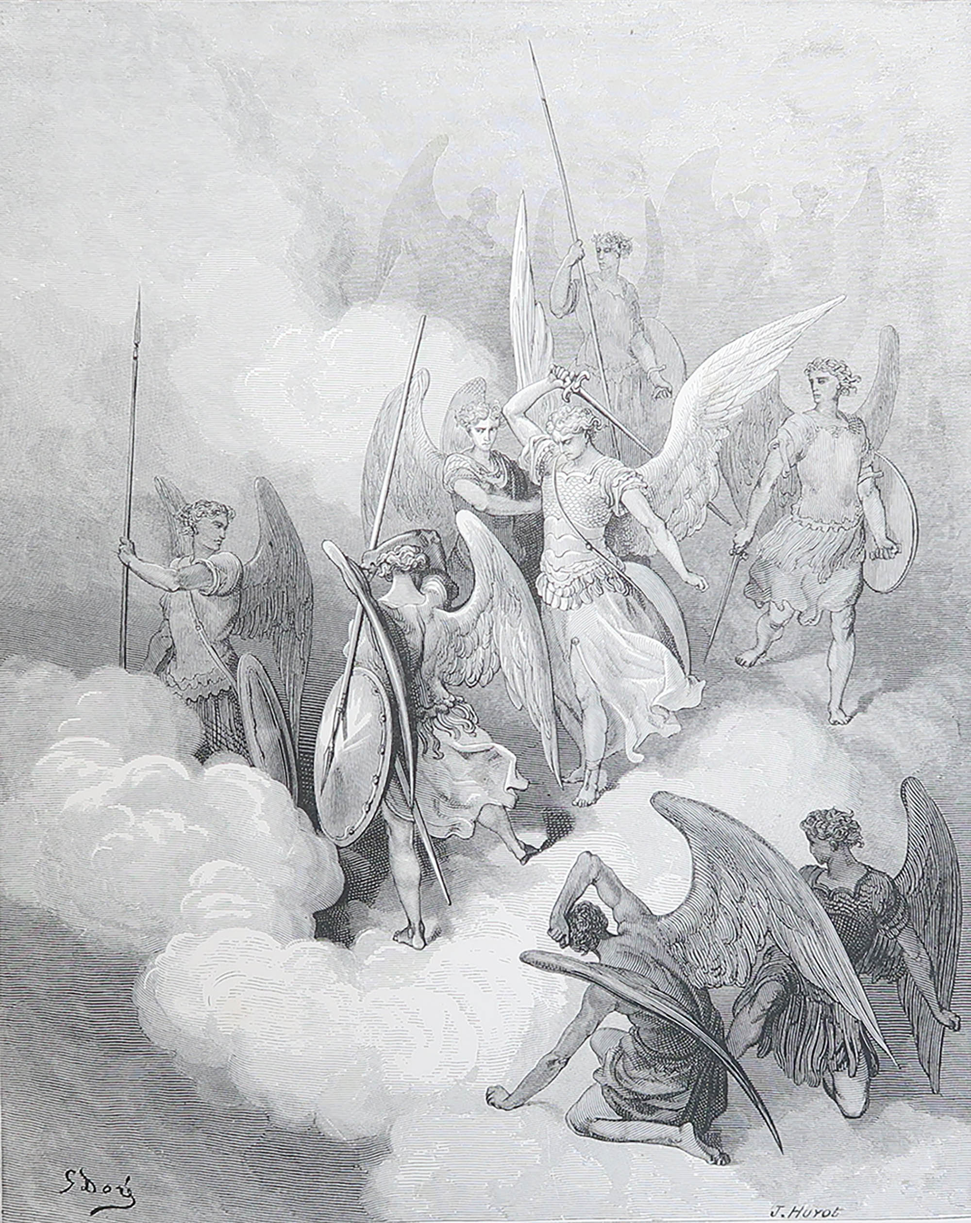 Large Original Antique Print By Gustave Doré, " Abdiel Attacks Satan " For Sale