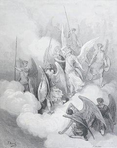 Large Original Antique Print By Gustave Doré, " Abdiel Attacks Satan "