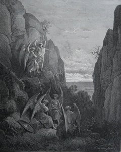 Grande estampe ancienne originale de Gustave Doré, " La charge d'Ariel à Gabriel "