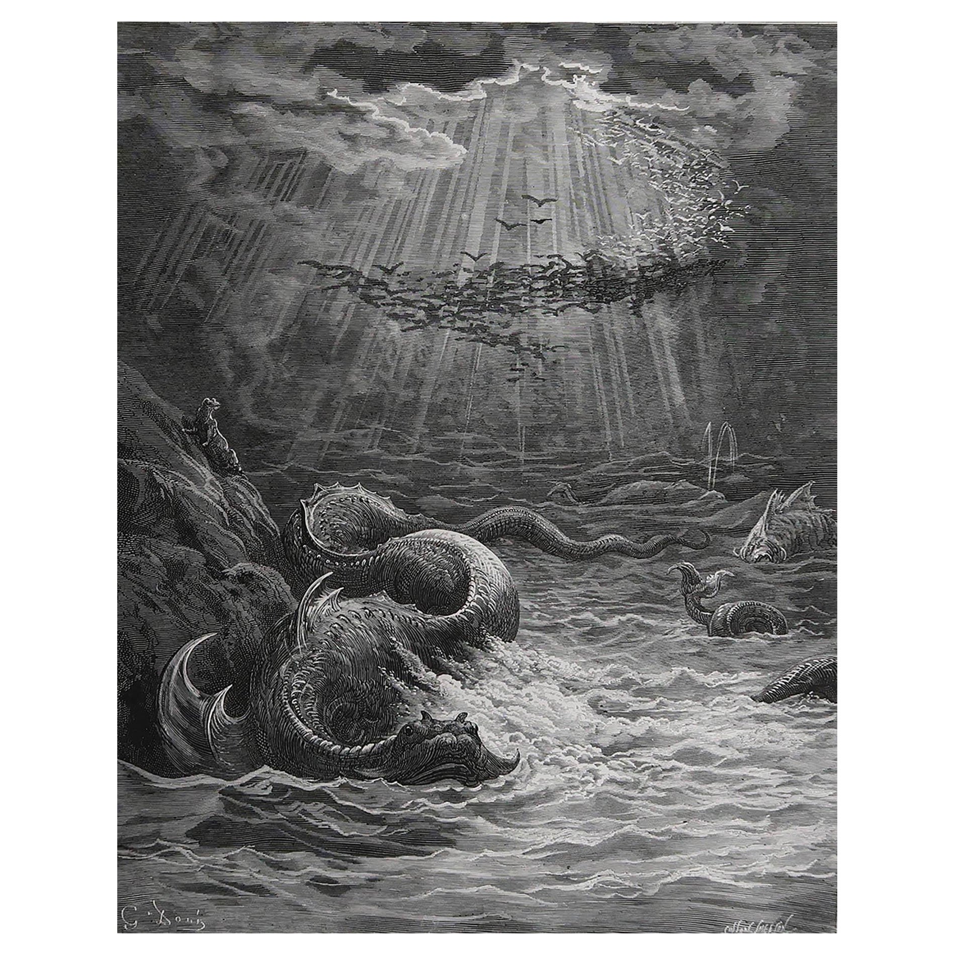 Grande estampe ancienne originale de Gustave Doré tirée du " Paradis perdu " de Milton.