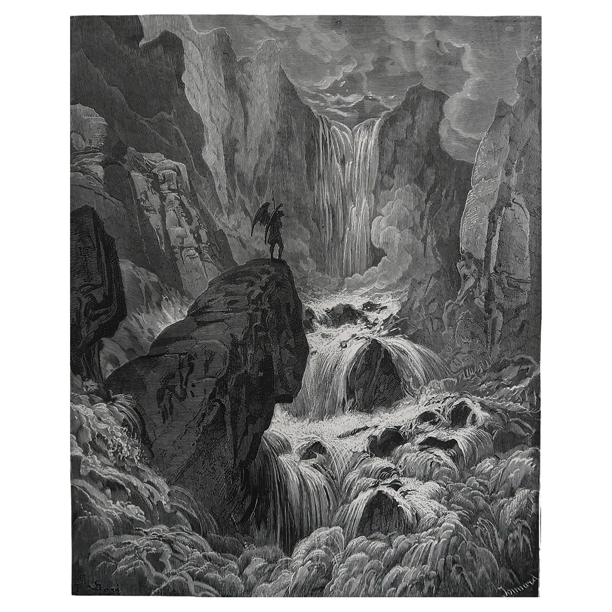 Grande estampe ancienne originale de Gustave Doré tirée du " Paradis perdu " de Milton. 