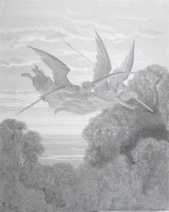 Large Original Antique Print By Gustave Doré, " Ithuriel And Zephon "