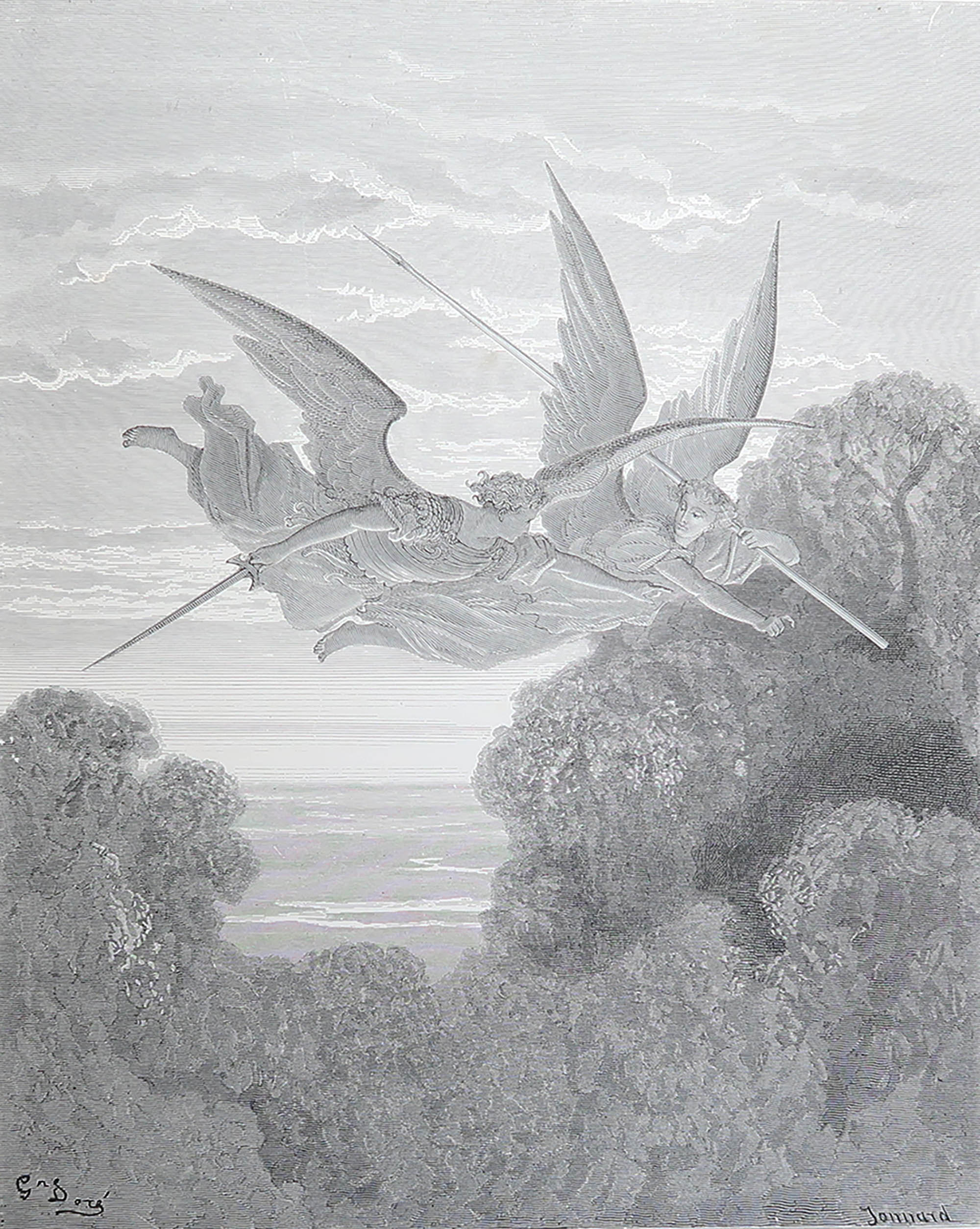 Large Original Antique Print By Gustave Doré, " Ithuriel And Zephon " For Sale