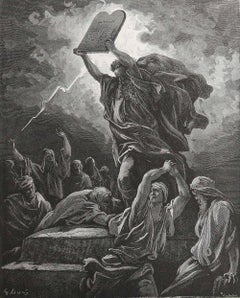 Large Original Antique Print By Gustave Doré, " Moses Breaking The Tables... "