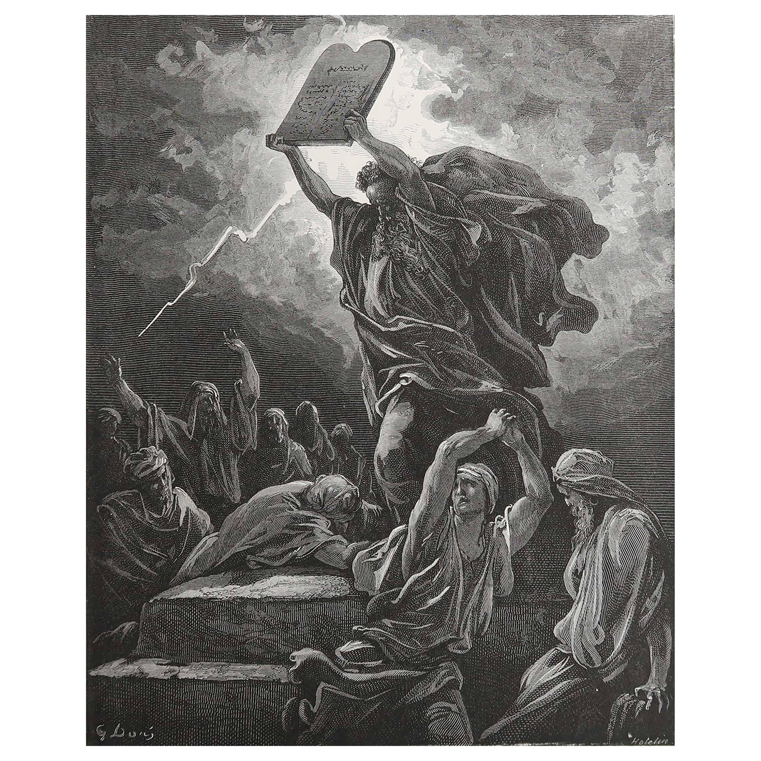 Großer antiker Originaldruck von Gustave Doré, "Moses zerschlägt die Tische..." im Angebot