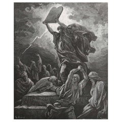 Large Original Antique Print By Gustave Doré, " Moses Breaking The Tables... "