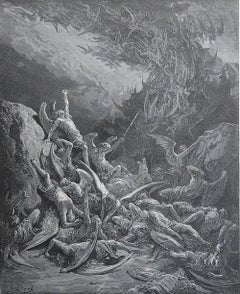Large Original Antique Print By Gustave Doré, " Nine Days They Fell "