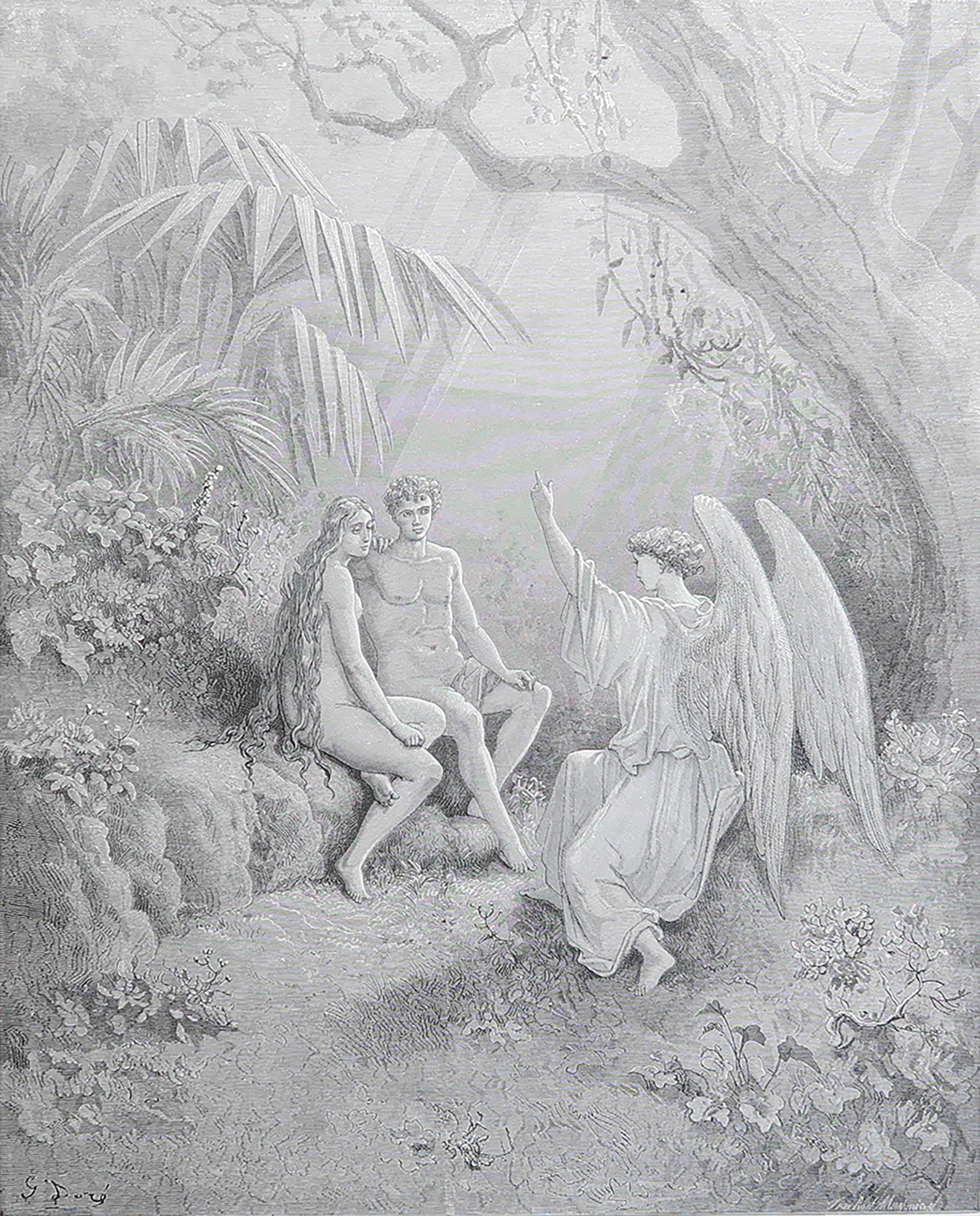 Large Original Antique Print By Gustave Doré, " Raphael In Paradise "