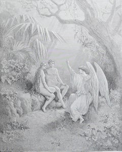 Large Original Antique Print By Gustave Doré, " Raphael In Paradise "