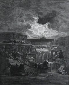Grande estampe ancienne originale de Gustave Doré, " La montée des eaux "