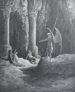 Large Original Antique Print By Gustave Doré, " Satan At The Gates of Hell "
