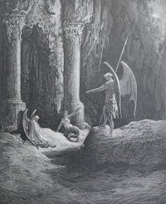 Large Original Antique Print By Gustave Doré, " Satan At The Gates of Hell "