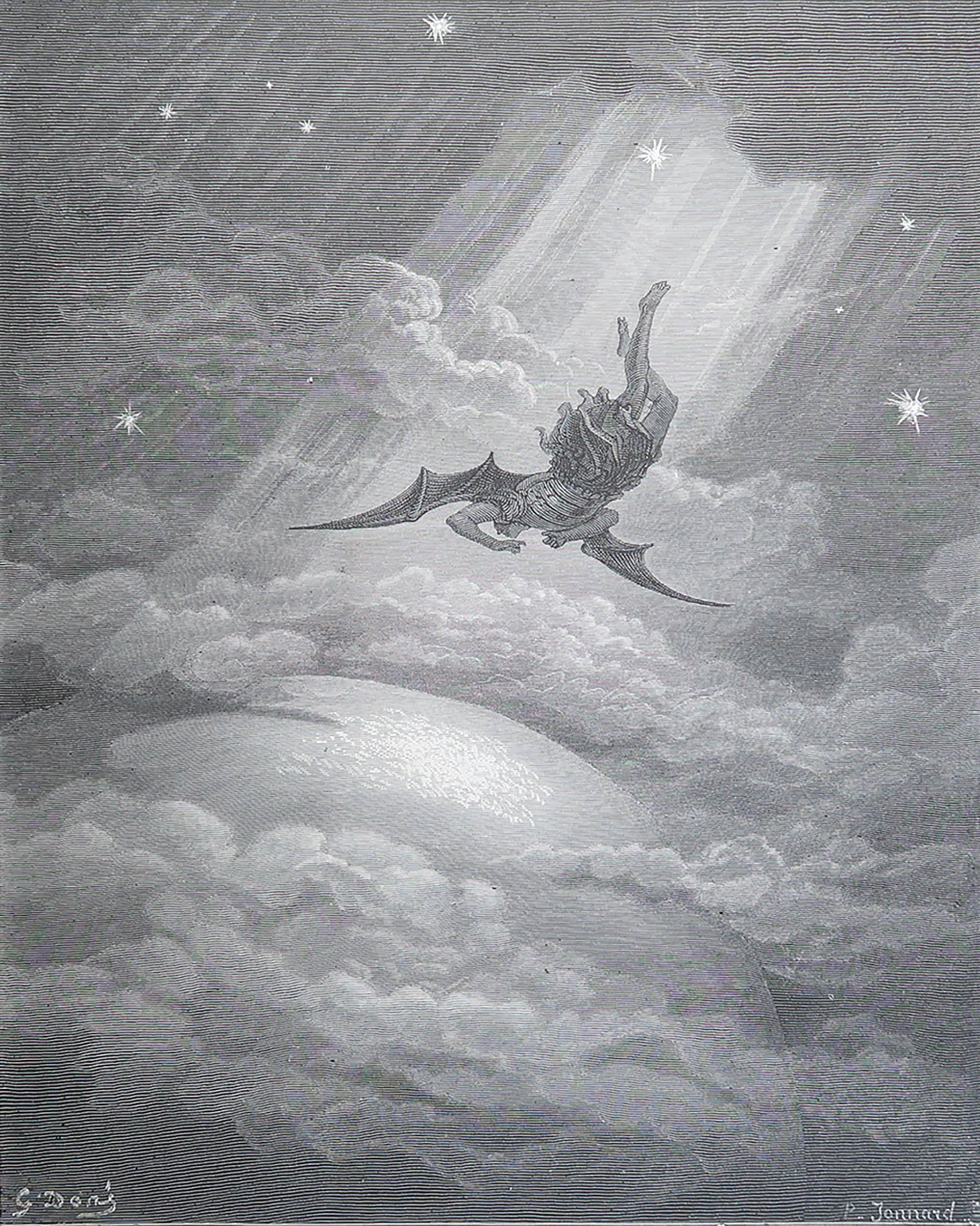 Large Original Antique Print By Gustave Doré, " Satan Discovering ...Eden "