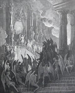 Large Original Antique Print By Gustave Doré, " Satan In Council "