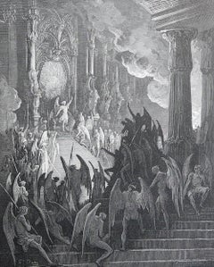Large Original Antique Print By Gustave Doré, " Satan In Council "