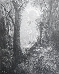 Large Original Antique Print By Gustave Doré, " Satan In Paradise "