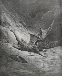 Grande estampe ancienne originale de Gustave Doré, " Satan Smitten By Michael " (Satan aimée de Michael)
