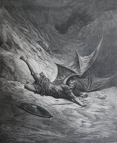 Large Original Antique Print By Gustave Doré, " Satan Smitten By Michael "