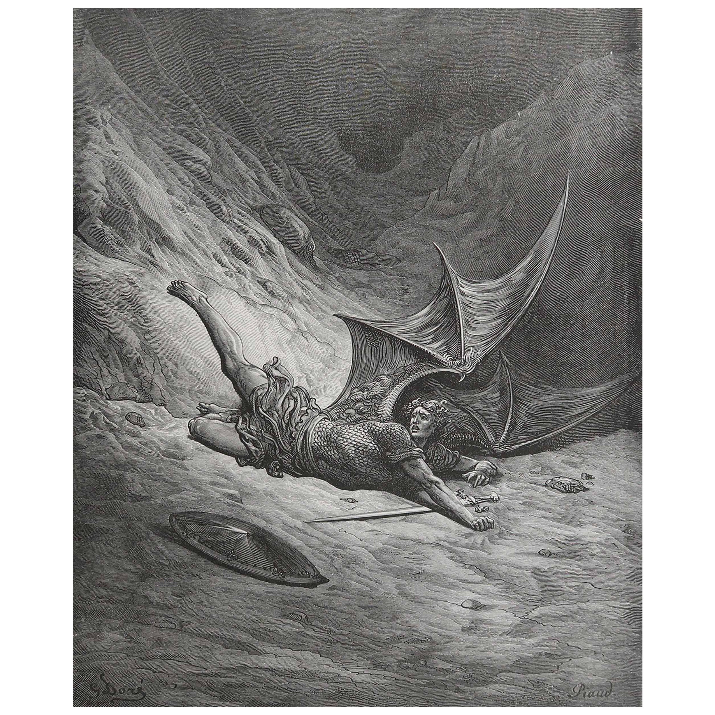 Grande estampe ancienne originale de Gustave Doré, " Satan Smitten By Michael " (Satan aimée de Michael)