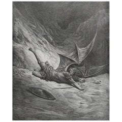 Large Original Antique Print By Gustave Doré, " Satan Smitten By Michael "