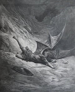 Large Original Antique Print By Gustave Doré, " Satan Smitten By Michael "