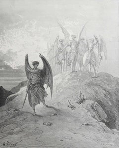 Grande estampe ancienne originale de Gustave Doré, " Satan vaincu "