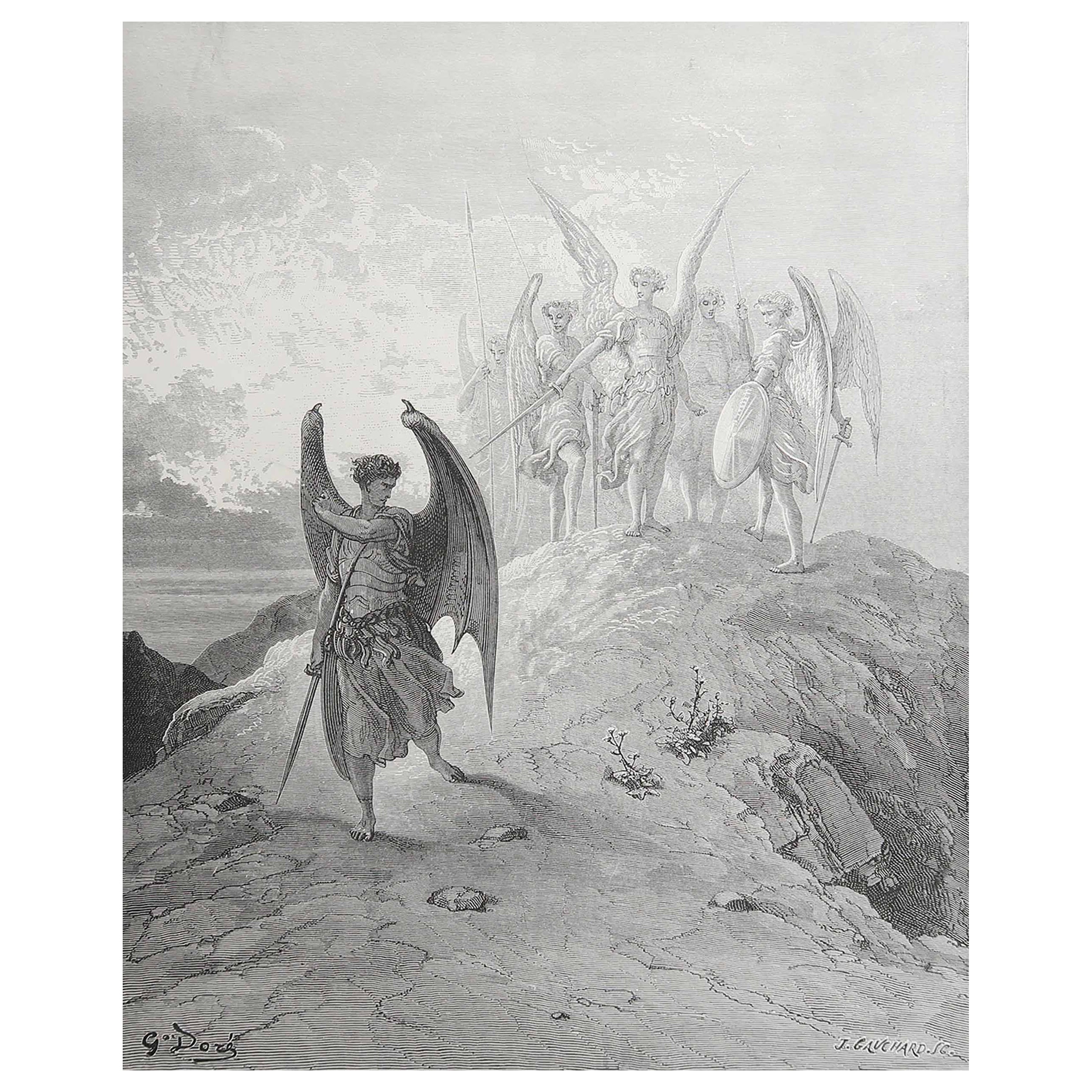 Grande estampe ancienne originale de Gustave Doré, " Satan vaincu "