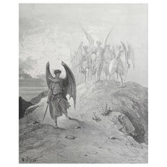 Large Original Antique Print By Gustave Doré, " Satan Vanquished "
