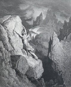 Large Original Antique Print By Gustave Doré, " Satan's Flight Through Chaos "