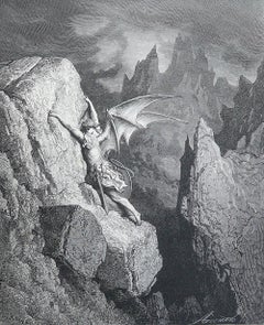 Large Original Antique Print By Gustave Doré, " Satan's Flight Through Chaos "