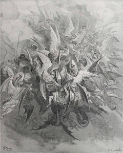 Grande estampe ancienne originale de Gustave Doré, " La bataille des anges "